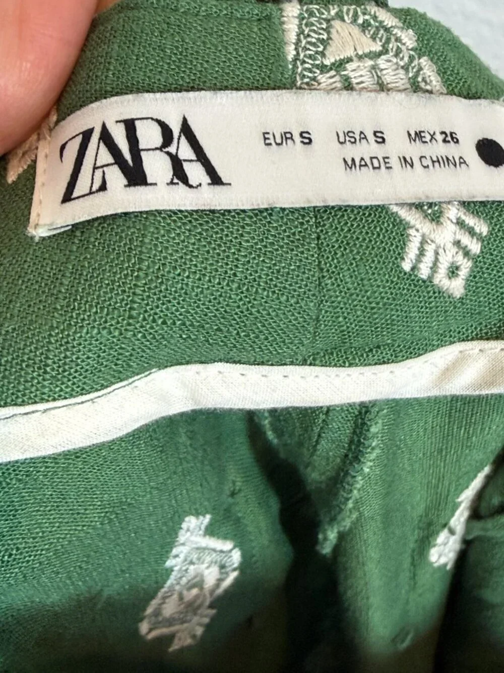 Zara Embroidered Trousers Size Small Green Pants Linen Cropped Wide Leg Coolots